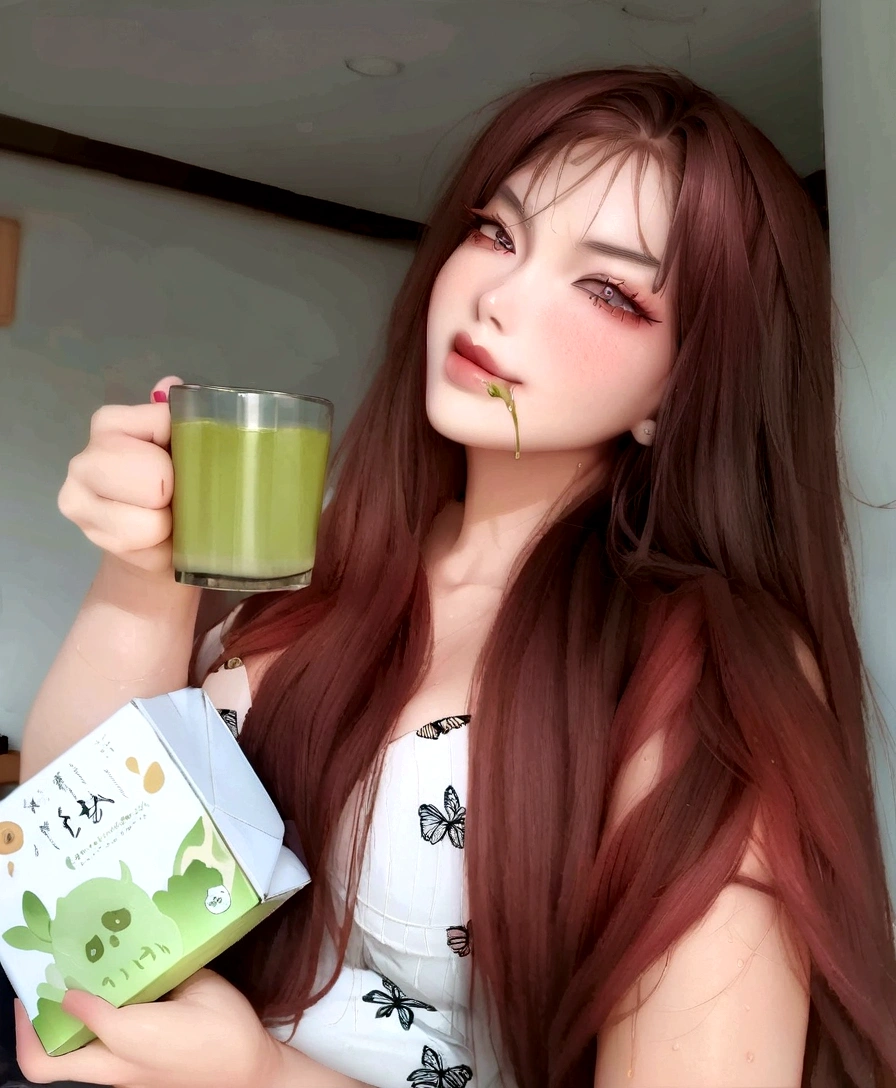 arafed woman holding a cup of green tea and a box of tea, loputyn and matcha, moringa juice, 😭🤮 💔, 🔞🤡, 🤬 🤮 💕 🎀, 🍸🍋, leaked image, 😭 🤮 💕 🎀, clean face and body skin, with a drink, nivanh chanthara, drink