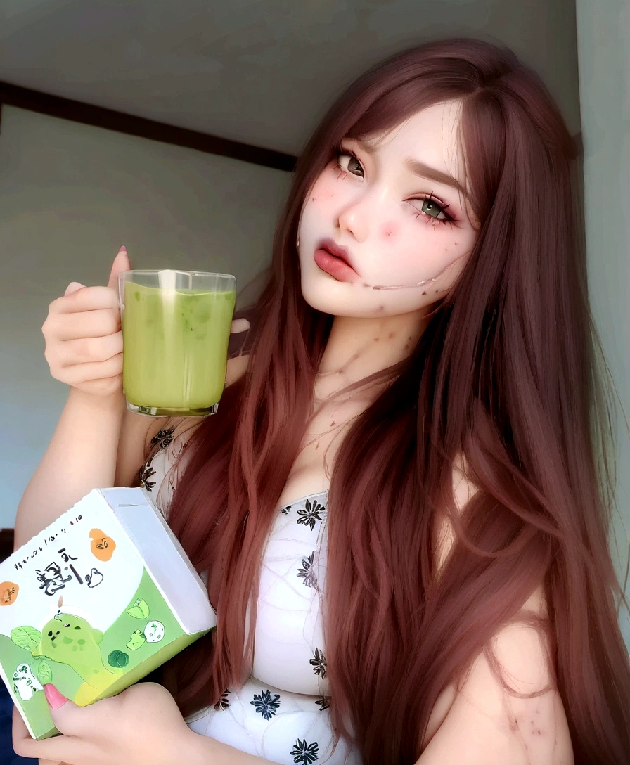 arafed woman holding a cup of green tea and a box of tea, loputyn and matcha, moringa juice, 😭🤮 💔, 🔞🤡, 🤬 🤮 💕 🎀, 🍸🍋, leaked image, 😭 🤮 💕 🎀, clean face and body skin, with a drink, nivanh chanthara, drink