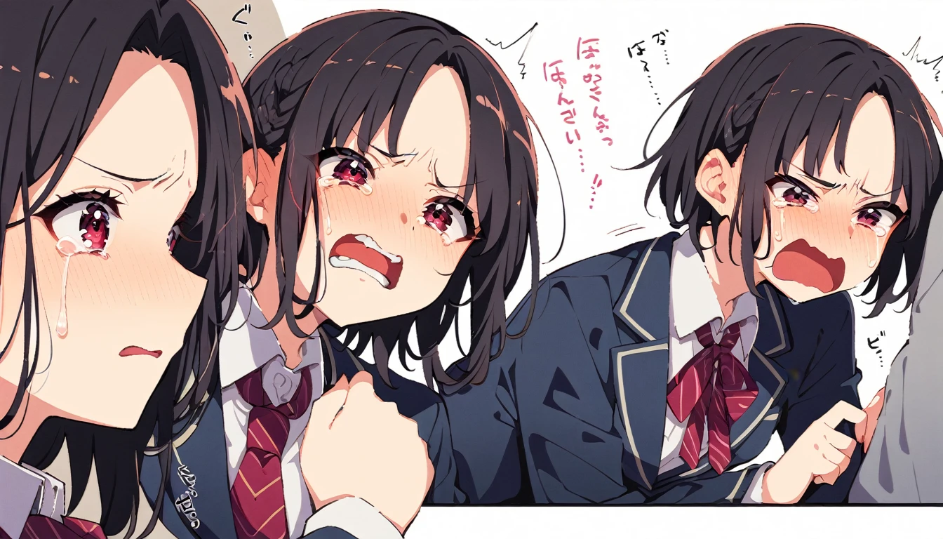 A girl with short black hair and small breasts in a blazer uniform is crying in disgust after being touched by a molester on the train、whole body