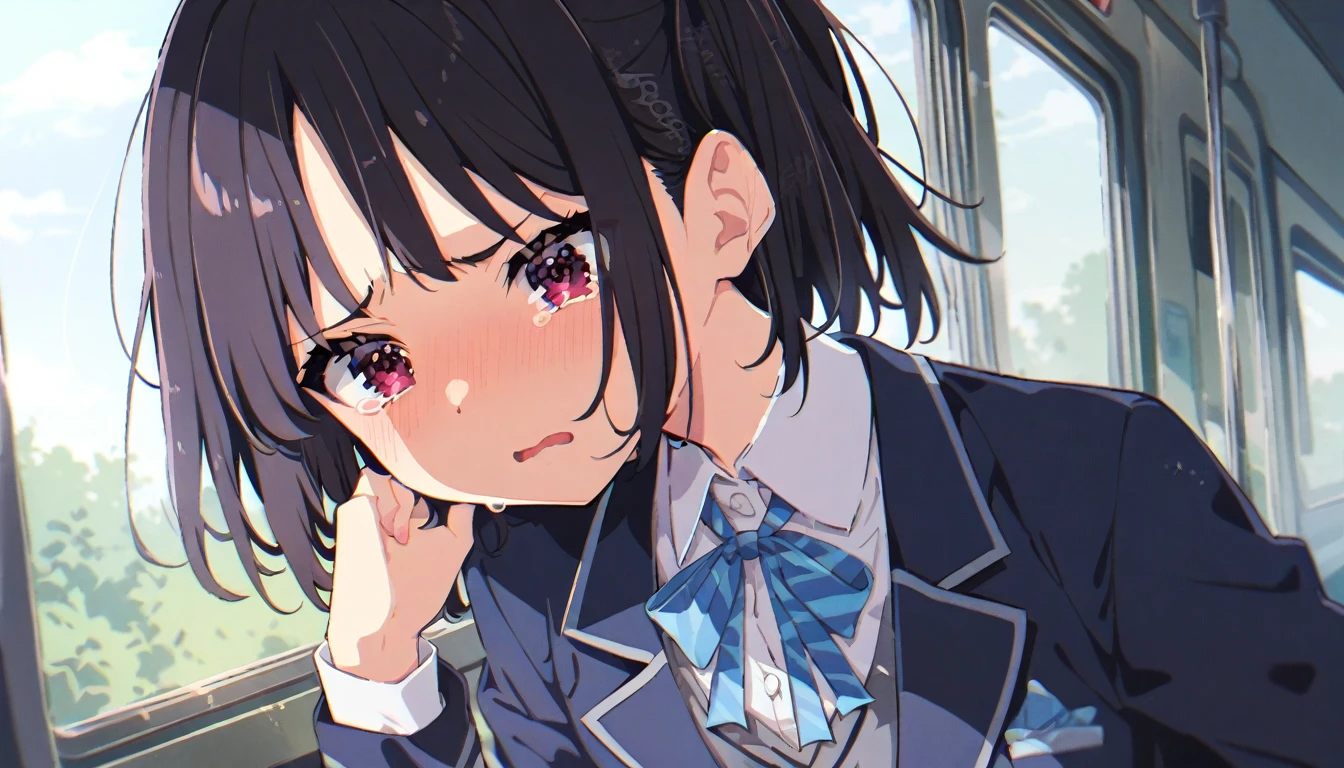 A girl with short black hair and small breasts in a blazer uniform is crying in disgust after being touched by a molester on the train、whole body