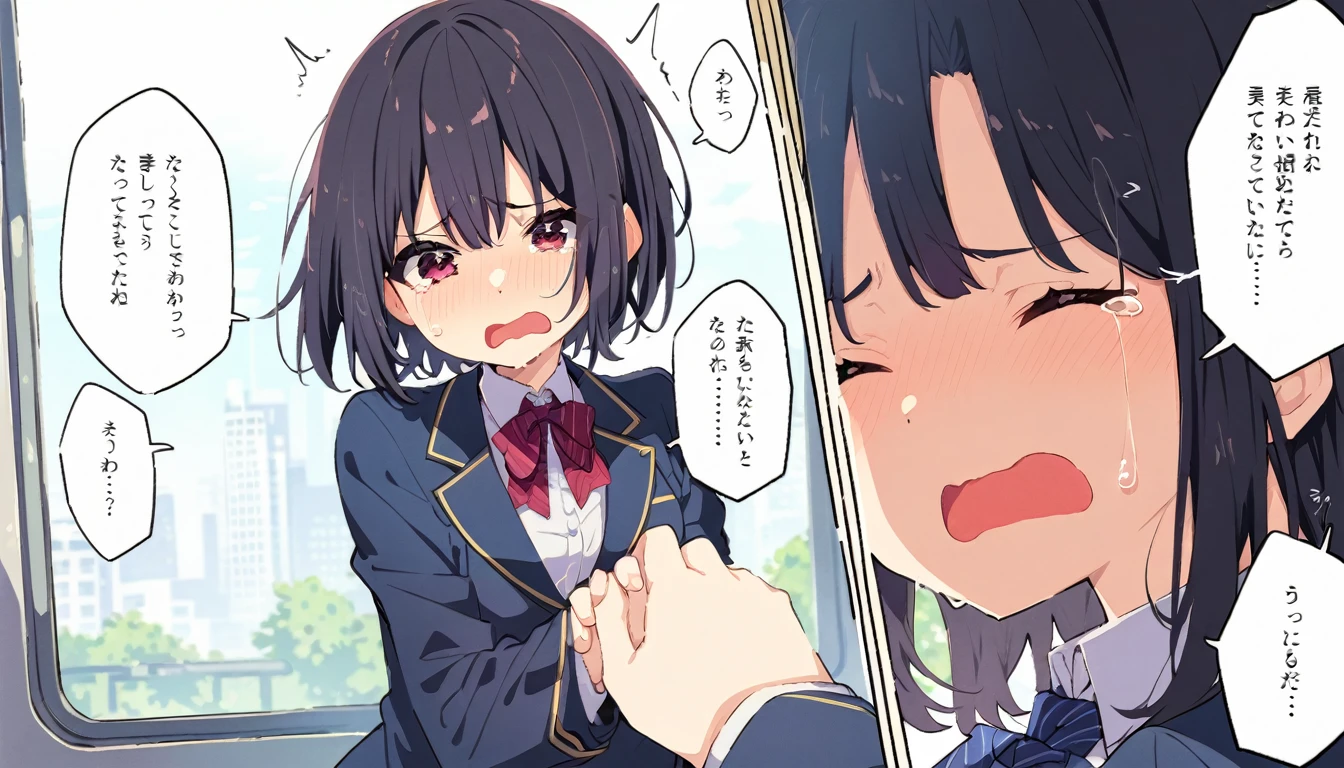 A girl with short black hair and small breasts in a blazer uniform is crying in disgust after being touched by a molester on the train、whole body