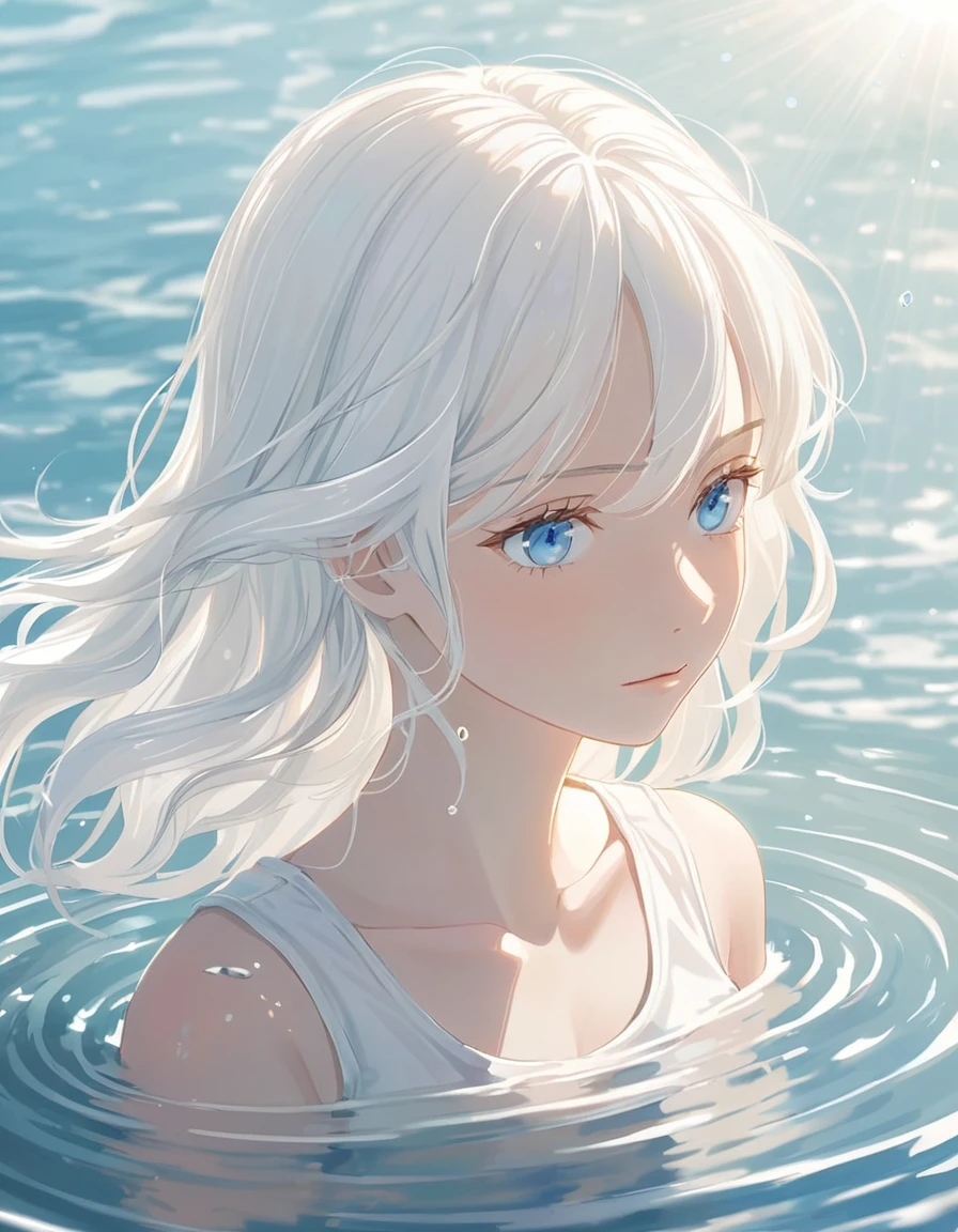 Anime style female character in water, (Long white hair:1.2), (Gentle expression:1.1), blue eyes, White tank top, (Ripple water effect around body:1.3), Sunlight reflecting on water, sunny, subtle water splash, High Resolution Digital Art, Soft Color Palette, Quiet atmosphere, (Calm sea background:1.1), Realistic water texture