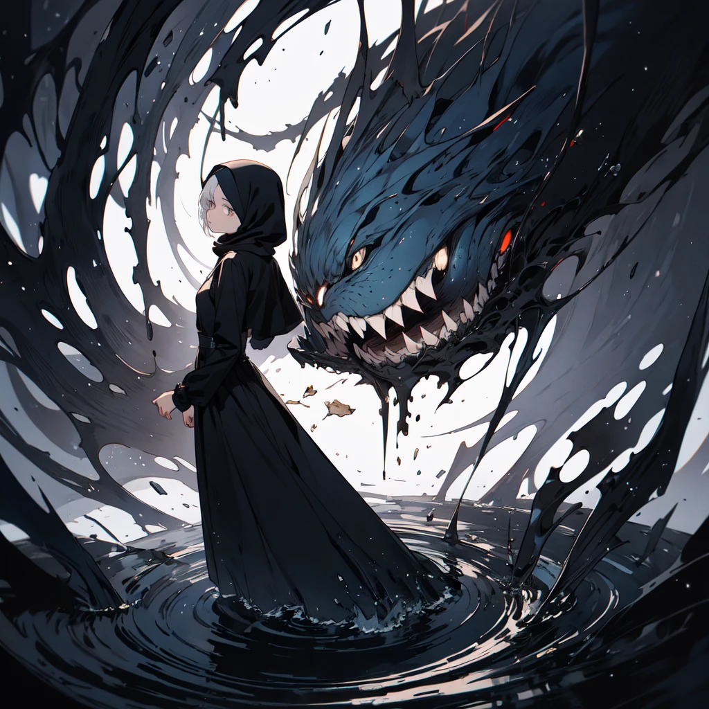 Surrealist painting,16 kg,Maximum detail,Soft texture,Deep shadows,dark,Sharp lines,((a Beautiful, A young woman feels the passage of time)),sad colors. Beautiful. hasty. Mysterious random Kazakhstan. sad. turn around. (To merge:1.2). Cracked. (whirlpool:1.2). (Shiny eyes:1.2). abstract background. (Full body), Hijab and long dress ,Very detailed