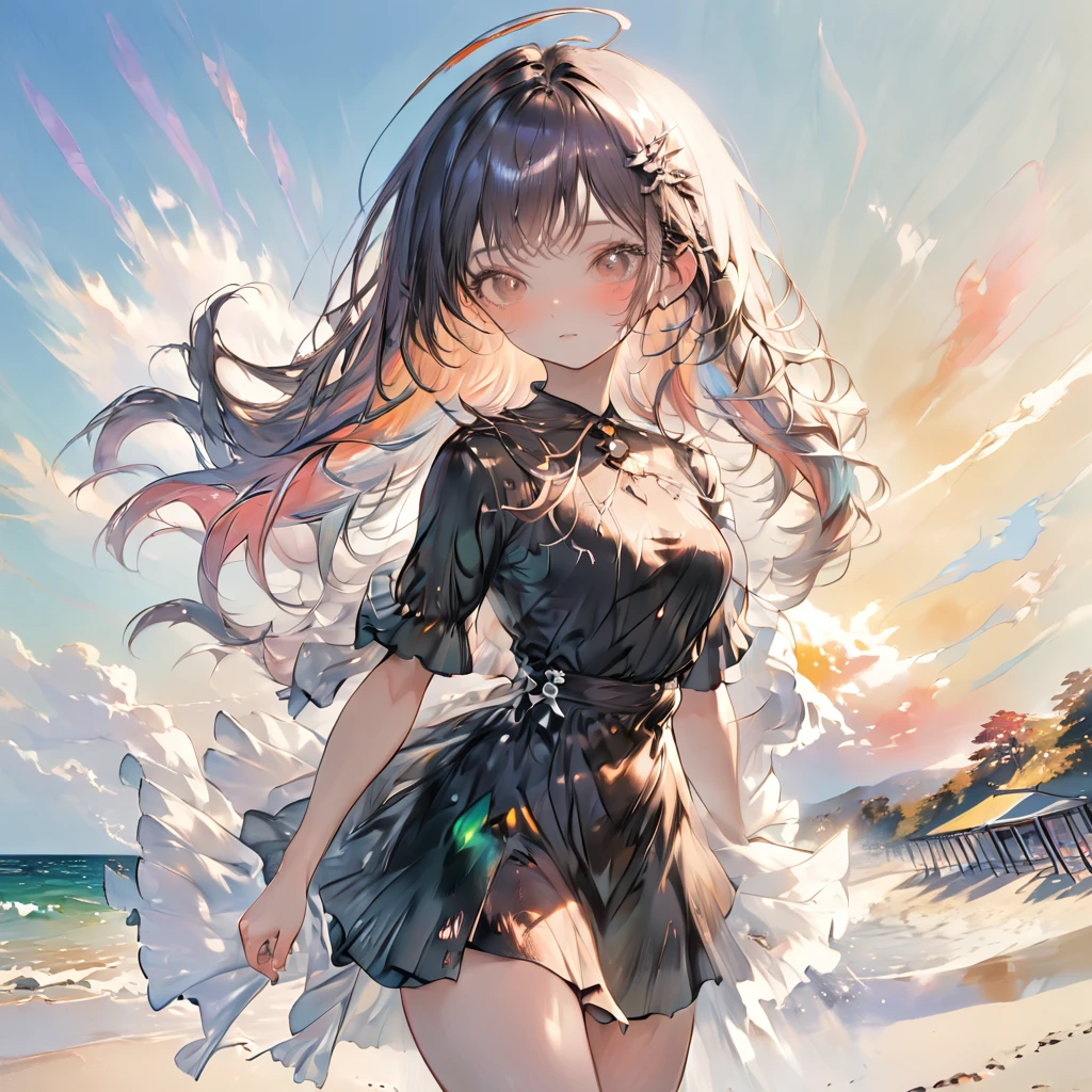 1girl, japanese, flat chest, ((undressing)), (full body), snapshot, wind, bangs, nipples, black eyes, summer dress, mole, shiny skin, masterpiece, best quality, ultra quality, high quality, realistic, photo realistic, RAW photo, hyper detailed, intricate detailed, film grain, summer, beach, sunset,