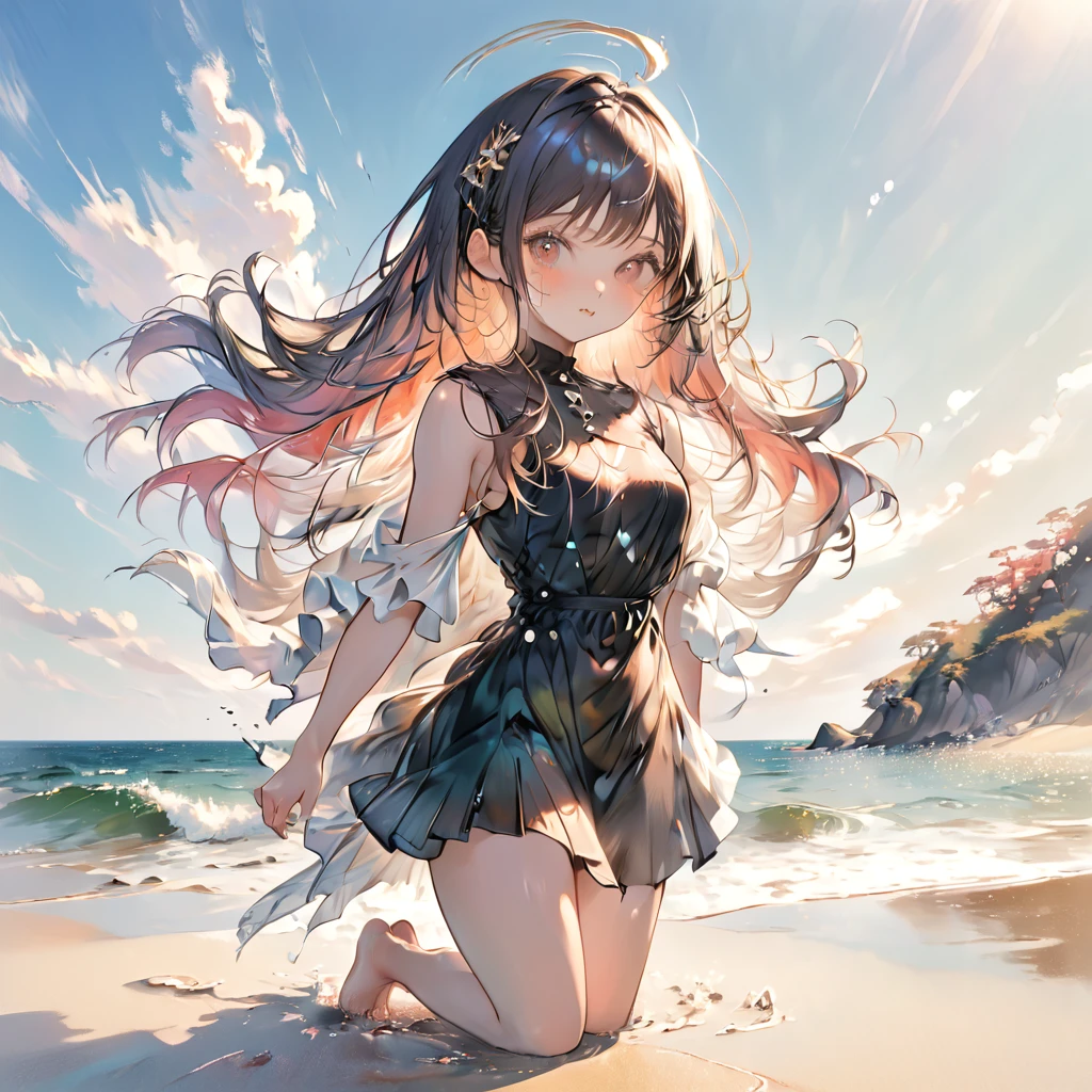 1girl, japanese, flat chest, ((undressing)), (full body), snapshot, wind, bangs, nipples, black eyes, summer dress, mole, shiny skin, masterpiece, best quality, ultra quality, high quality, realistic, photo realistic, RAW photo, hyper detailed, intricate detailed, film grain, summer, beach, sunset,