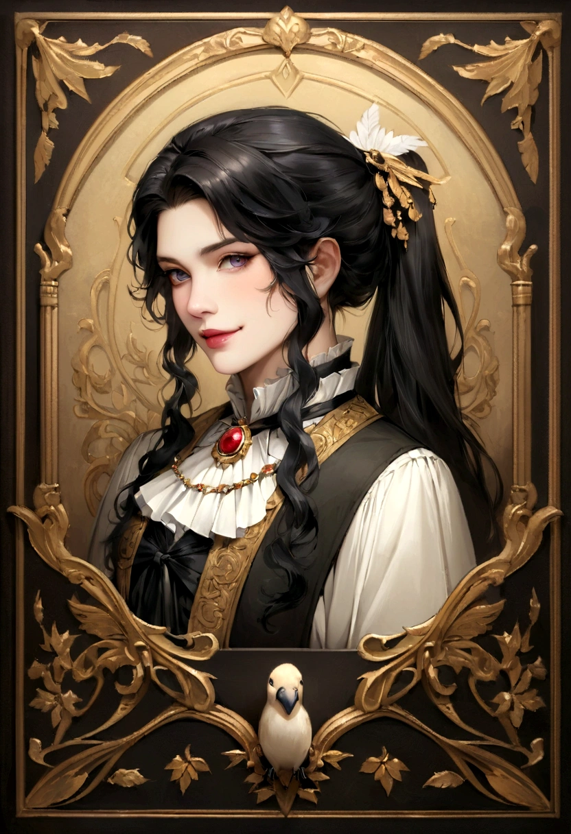 handsome Renaissance nobleman. in the form of photography. realistic. Masterpiece. Renaissance fashion was characterized by extravagant and luxurious designs.。Ruffles and shoelaces、2. **Upper hairstyle**: Men's hairstyles during the Victorian era tended to be short and neat. With long hair tied up like a little pony story.。3. **feature**: ใบหน้าของผู้ชายที่มีfeatureหรูหรา、handsome、rude、crafty, welcome, smile, rude grin, Friendly. robes, Dulet, blue and black. long black hair. ponytail. wearing a gold brooch. Brooch in the shape of a bird.