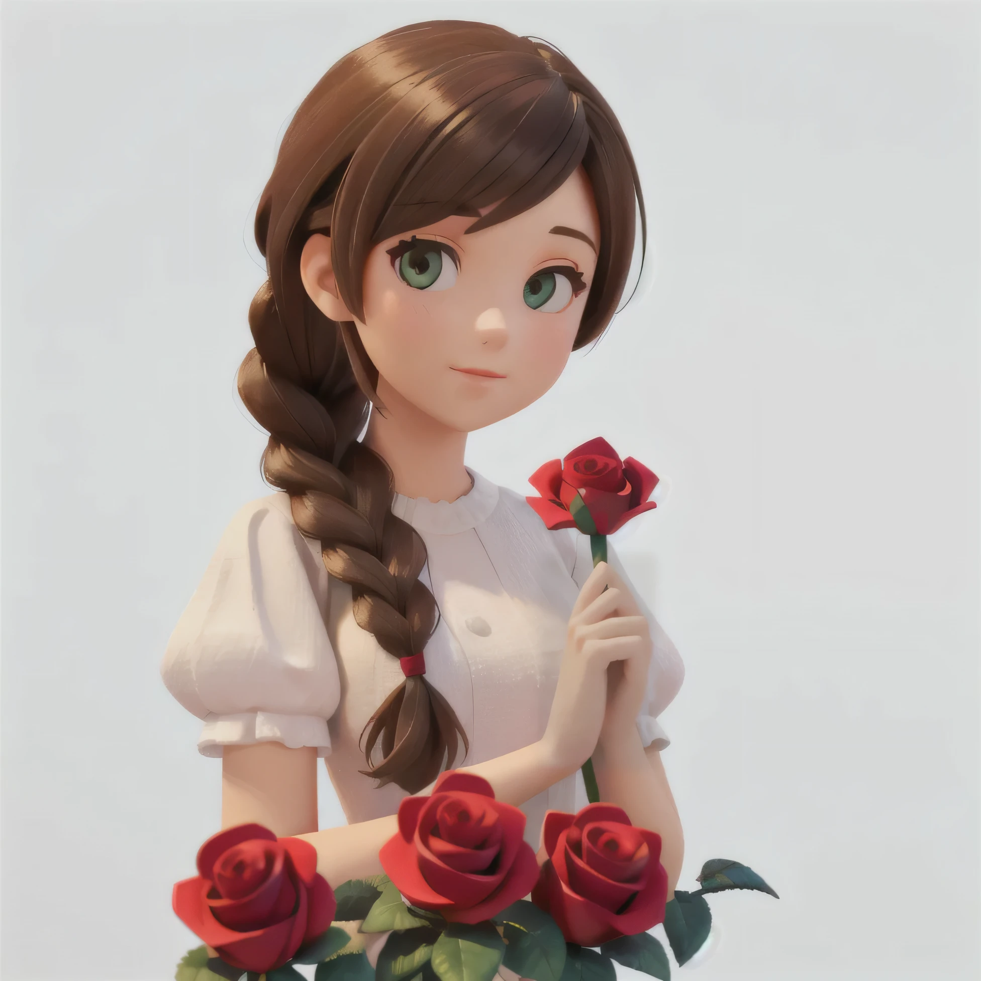 1 adult female,Normal proportion,Looking straight at the camera,Holding a rose,Rose bushes ahead,Brown hair,braid,Simple white dress,White background,Sunshine on the face,Bright,whole body,Pixar style,3d,Game texture,lifelike,4K