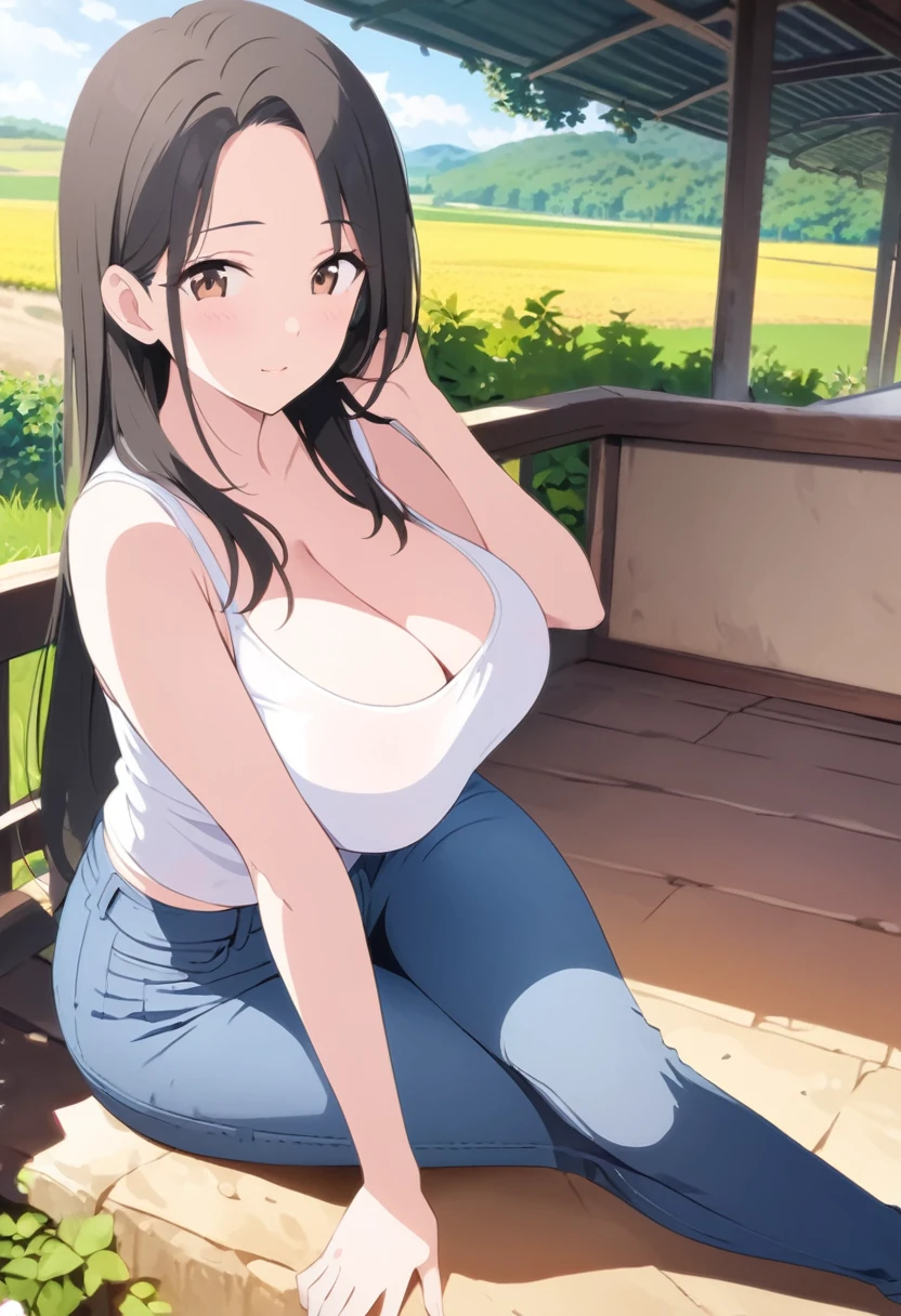 masterpiece、Highest quality、Best image quality、High resolution、Big Breasts、White tank top、jeans、Black Hair、Long Hair、Brown eyes、Married Woman、30th Generation、woman、Nobody is here、countryside、One straight road、Looking at this