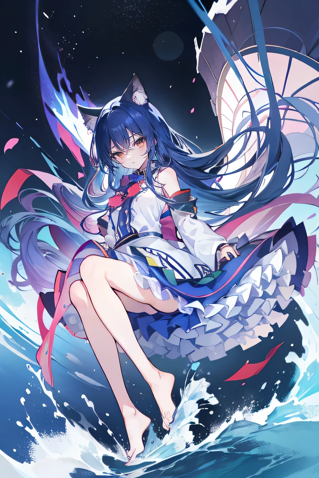 (masterpiece:1.2),Super detailed,lifelike,Expressive eyes,fair skin,perfect face shape,1 girl,
Japanese comics,Gorgeous blue hair,flowing blue hair,flowing clothes,Cat ears,Petals fall,beautiful lola,Baby Angel,sunrise,
Shaking head with one hand,Cross your legs,Gentle and peaceful background,The pavilion is cool and comfortable,smile, wearing hoodie, background of tokyo,back views,snowing, winter,seaside,wet clothes,A smile,A faint smile,。dark blue gradient hair,asymmetrical hair,((Hair is very thick 1.8,Chiseled hair 1.6)), Hair over the shoulders, Messy hair, Very long hair, shiny hair,(long dark blue hair:1.2),A beautiful girl,(Transparent clothes transparent 1.8),Perfect body,Big thin legs,slender,(Looks very sad,Looks haggard ,sadness,shut your mouth:1.2) Against the backdrop of an unusually bright dark starry sky,(Put your hands behind your back),(round,Room, Strong breasts),barefoot,float,water surface,(long legs,long legs,long legs,Complete)