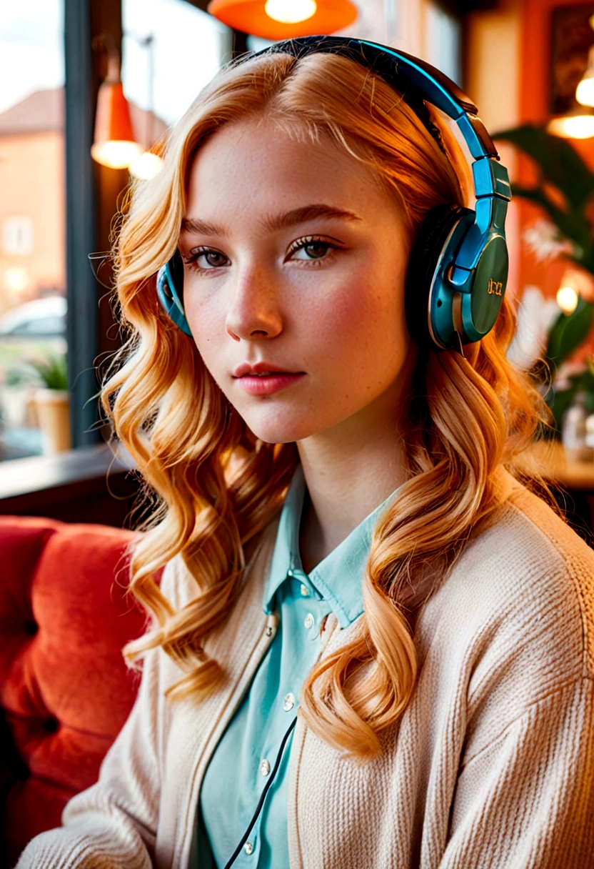 A captivating close-up portrait of a stylish 18-year-old girl, with vibrant orange-blonde wavy hair and flawless, radiant skin. She is deeply engrossed in her music, wearing fashionable summer attire and headphones. The photograph is taken in a cozy coffee shop with a Nordic-inspired interior, featuring warm lighting and a plush red sofa. The girl is set against a backdrop of soft hues, creating a serene and dreamy ambiance, perfect for a fashion or product photography shoot. The image is rendered with a cinematic touch, emphasizing the beauty and elegance of the subject.