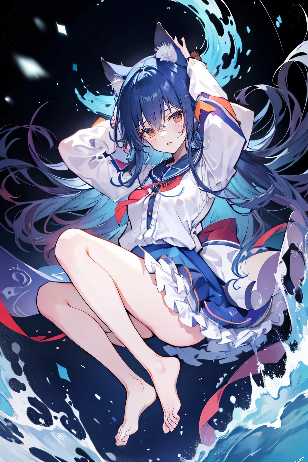 (masterpiece:1.2),Super detailed,lifelike,Expressive eyes,fair skin,perfect face shape,1 girl,
Japanese comics,Gorgeous blue hair,flowing blue hair,flowing clothes,Cat ears,Petals fall,beautiful lola,Baby Angel,sunrise,
Shaking head with one hand,Cross your legs,Gentle and peaceful background,The pavilion is cool and comfortable,smile, wearing hoodie, background of tokyo,back views,snowing, winter,seaside,wet clothes,A smile,A faint smile,。dark blue gradient hair,asymmetrical hair,((Hair is very thick 1.8,Chiseled hair 1.6)), Hair over the shoulders, Messy hair, Very long hair, shiny hair,(long dark blue hair:1.2),A beautiful girl,(Transparent clothes transparent 1.8),Perfect body,Big thin legs,slender,(Looks very sad,Looks haggard ,sadness,shut your mouth:1.2) Against the backdrop of an unusually bright dark starry sky,(Put your hands behind your back),(round,Room, Strong breasts),barefoot,float,water surface,(long legs,long legs,long legs,Complete)