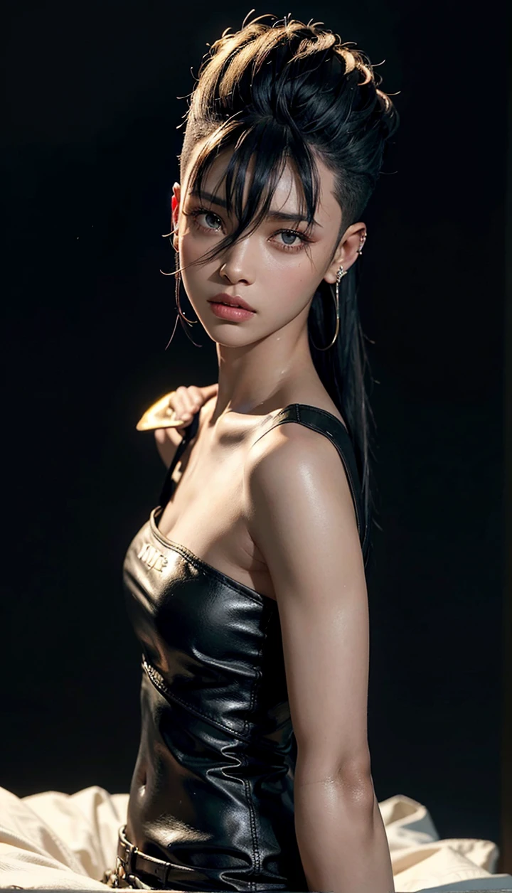 a 30 yo woman,(hi-top fade:1.3),long hair,dark theme, soothing tones, muted colors, high contrast, (natural skin texture, hyperrealism, soft light, sharp),