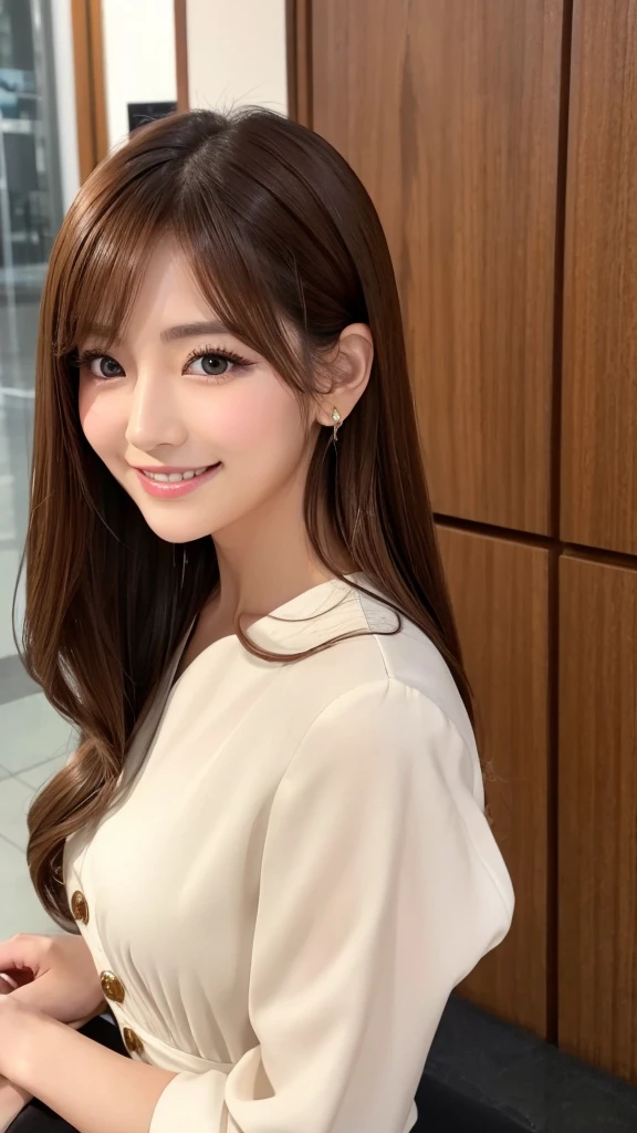 Beautiful Japanese Women、eye make up、Brown color hair、Button-front dress、High heels、White skin、A kind smile