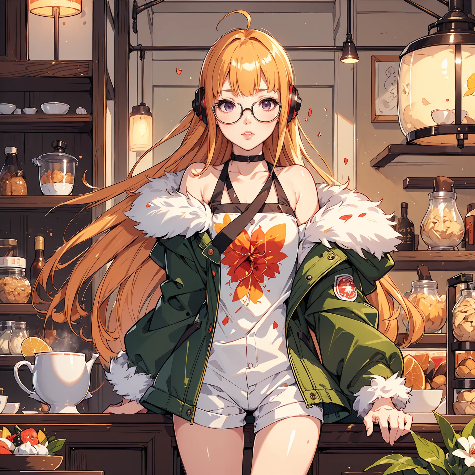 masutepiece, Best Quality, hight resolution, 1girl in, futaba sakura, Blunt bangs, eye glassesの,purple eyes , Ahoge,orange color hair、 eye glassesの, headphones, bura, Jacket, off shoulders, Fur trim, fur-trimmed jacket, Green jacket, Shorts, ,the golden hour,A smile that showed teeth、1black cat、tea shop、On the counter、Coffee、futaba sakura、Purple eyes、orange color hair、eye glasses、,​masterpiece、top-quality、Official art、illustratio、ligne claire、(Cool_Farbe)、perfect-composition、focal、acurate, Anatomically correct、 、hight resolution, Beautiful detailed glow, masutepiece*Portrait, 3D Face, Realistic, (masutepiece: 1.3), (max resolution: 1.2), (Ultra HDTV: 1.2), cinematric light, 8K resolution, phi ,​masterpiece、top-quality、Ultra Detail、(((shiny lips: 1.4)))Beautiful face, acurate, Anatomically correct, phiAlways detailed face and skin texture, Detailed eyes, Double eyelids, tThin eyebrows、 pale skin, Lustrous skin all over the body, Perfect face,Always detailed face and skin texture, Detailed eyes, Double eyelids, Thin eyebrows,Natural cheeks, Glossy skin, Fair skin: 1.2, (Glossy lips: 1.4), (((The most beautiful girl)))、(((beautiful a girl)))、（little blush）、（Beautiful face）、 Delicate and beautiful hair, Delicate and beautiful eyes and face, (Beautiful gorgeous cute western woman:1.3),)(((Very Beautiful face))))(((long lashes))))(((Circular twinkling eyes)))(((Glossy and glossy lips))) (((Cheeks with a slight reddish tinge:0.8)))(((Neat and straight nose bridge)))、(((Cowboy Shot)))crouching cowgirl,