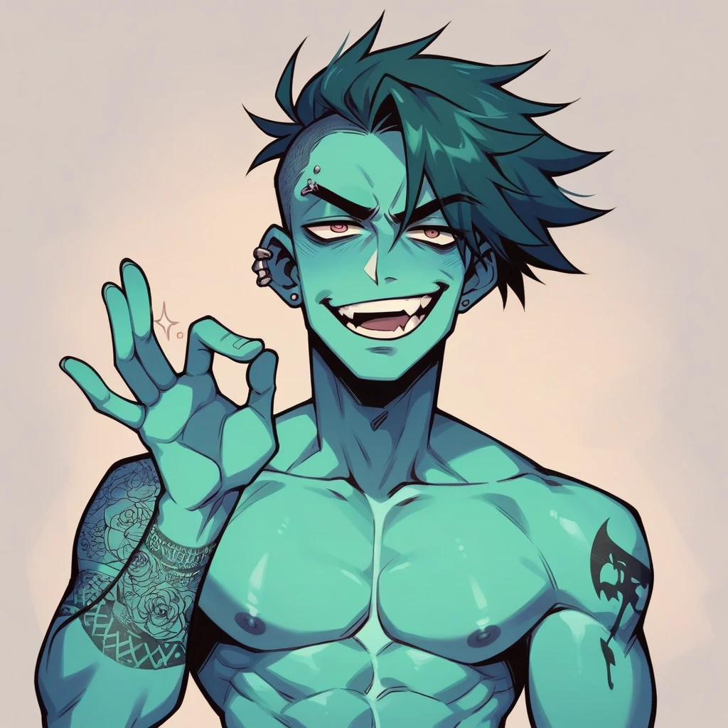 make me an image of a realistic art style skinny nude punk showing his penis with seducting gesture, full of tattoo and dry abs. He has a junkies smug face and holding a cigarete. 