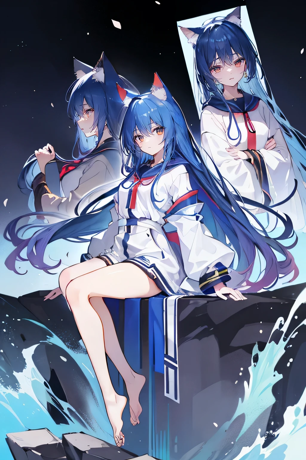 （masterpiece：1.2），Super detailed，lifelike，Expressive eyes，fair skin，perfect face shape，1 girl，
Japanese comics,Gorgeous blue hair,flowing blue hair,flowing clothes,Cat ears,Petals fall,beautiful lola,Baby Angel,sunrise,
Shaking head with one hand，Cross your legs，Gentle and peaceful background，The pavilion is cool and comfortable,smile, wearing hoodie, background of tokyo,back views,snowing, winter，seaside，wet clothes，A smile，A faint smile，。dark blue gradient hair,asymmetrical hair,（（Hair is very thick 1.8，Chiseled hair 1.6））， Hair over the shoulders, Messy hair, Very long hair, shiny hair，(long dark blue hair:1.2),A beautiful girl，（Transparent clothes transparent 1.8），Perfect body，Big thin legs，slender，(Looks very sad，Looks haggard ，sadness，shut your mouth：1.2） Against the backdrop of an unusually bright dark starry sky，（Put your hands behind your back），（round,Room, Strong breasts），barefoot，float，water surface，（long legs，long legs，long legs，Complete）