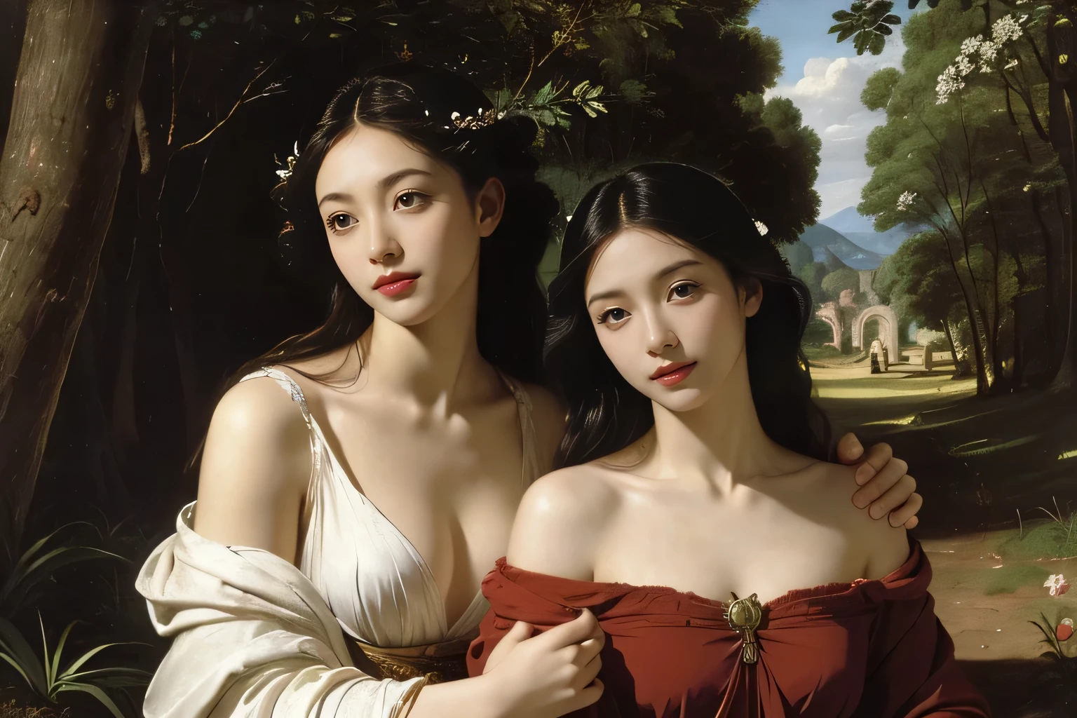 Giorgione painting style,Barbizon forest A beautiful woman in Greek dress smiles on the shore,Sweet and seductive appearance.、Caravaggio's paintings、Chiaroscuro of Caravaggio、hair tousled by the wind,Two women frolicking,cute smile, expression of ecstasy,Sexy,erotic, full body portrait