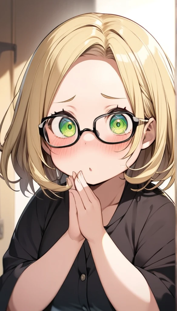 chubby girl, blonde, green eyes, medium length hair, open forehead, without bangs, glasses with black square frames
surprise, fright, 