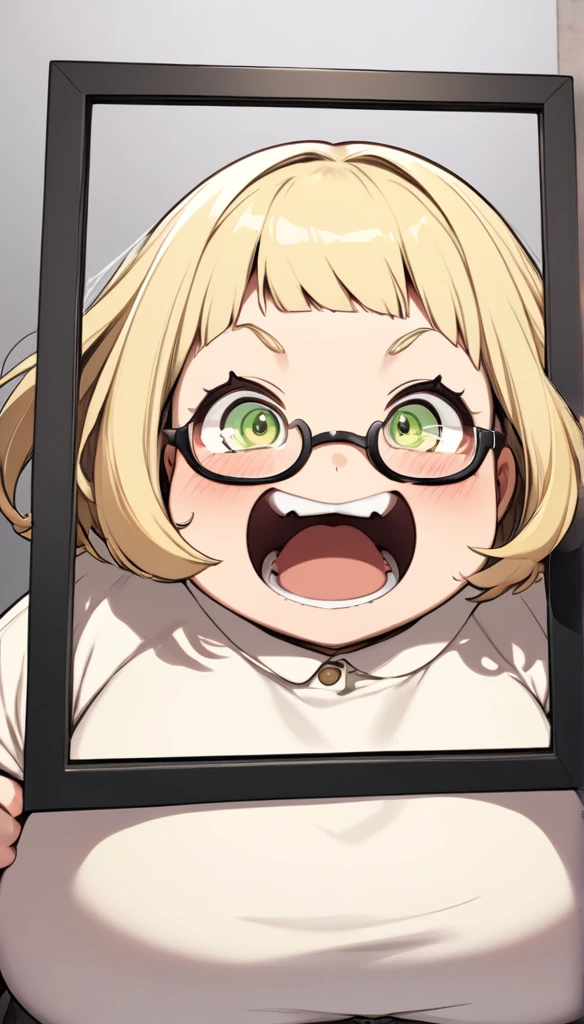 chubby girl, blonde, green eyes, medium length hair, open forehead, without bangs, glasses with black square frames
surprise, fright, 