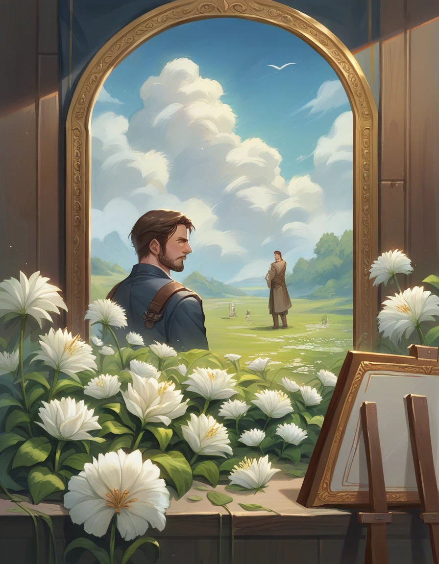 A painting,There is a white flower in the painting,The background is dark, Dandelions, adi granov, Alessio Albi, glowing dandelion seed storm, Tom Bagshaw. painting, art Tom Bagshaw, shrubs and flowers