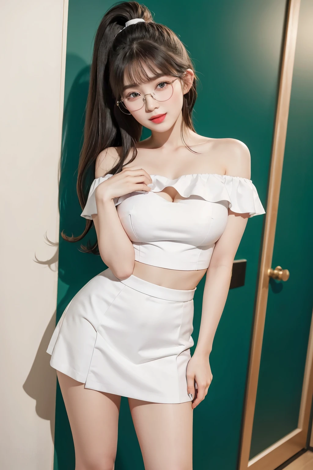 (Best quality, masterpiece, detailed), (RAW, 4k, hd images), shy, 1 girl, , white skin, long hair, ponytail, layers hair, bangs, black hair, beautiful girl, cute girl, sweet girl, pretty girl, perfect girl, pretty eyes, blue eyes, thin lips, thin, (eye line, lip stick soft), perfect , glasses(detailed frame), room, smile, thigh, white off shoulder clothes, black short skirt, standing, white wall background, pose like a model, facing on camera, full body, full legs, foot with high heels