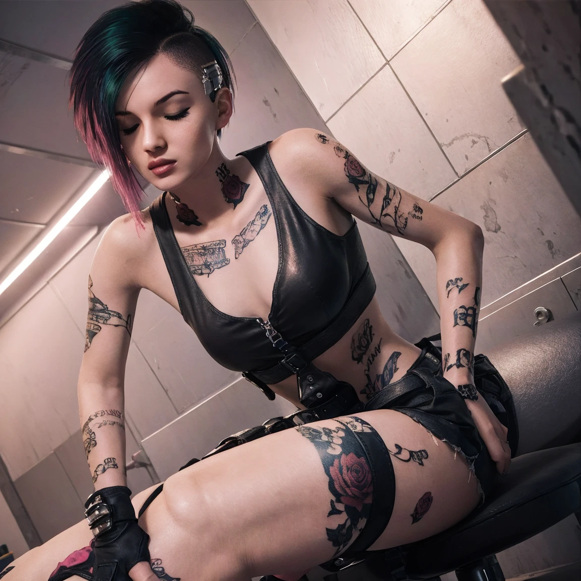 1girls,closed eyes,female,female only,punk,punk girl,tattoo,tattoos,thick lips,two tone hair