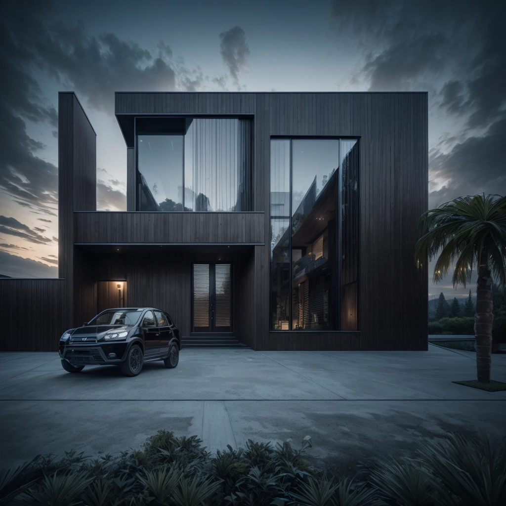 photorealistic,modern house,facade,modern,512k,high detailed,phot real, award winning, large glass window on the right side, wooden planks stacks on the upper floor on the left side, grass,plants,trees,evening,interior lights,((gothic architecture façade))
