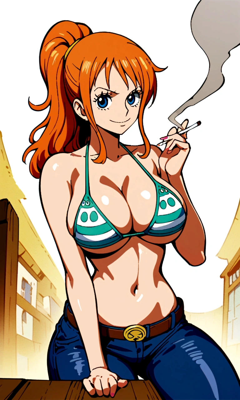 a cartoon picture of a woman in a bikini top and jeans, nami one piece, nami from one piece, nami, beautiful portrait of nami, from one piece, oppai, blue eyes, smoking, ponytail