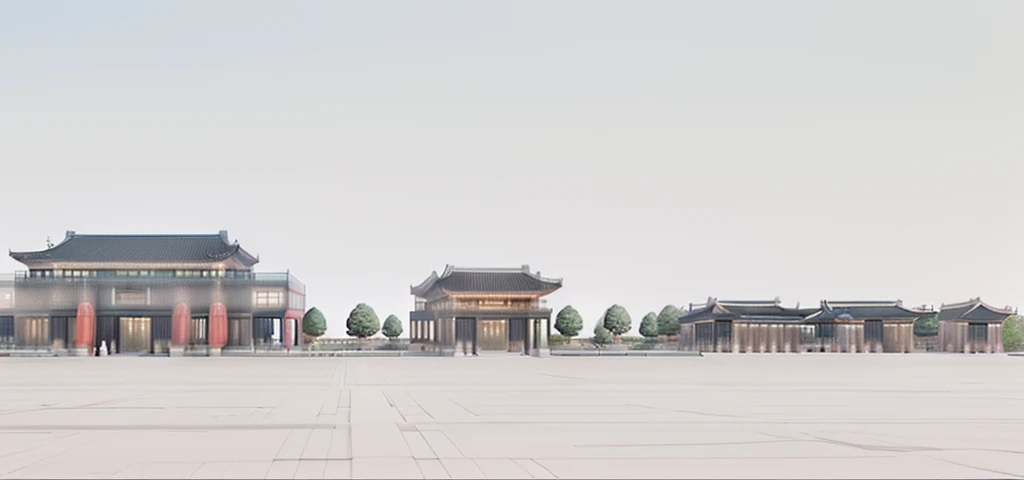 Highest quality,Chinese Ink Painting,antiquity,Urban antiquity architecture,Rectangular architecture,People view,Glass facades,Clean sky,Clean glass,Trees,Soft sunlight,Decorative Arts,Sloped roof,Best quality,Architectural Photography,Photorealism,Hyperrealism,Ultra Detailed,V-ray,(architectural design)