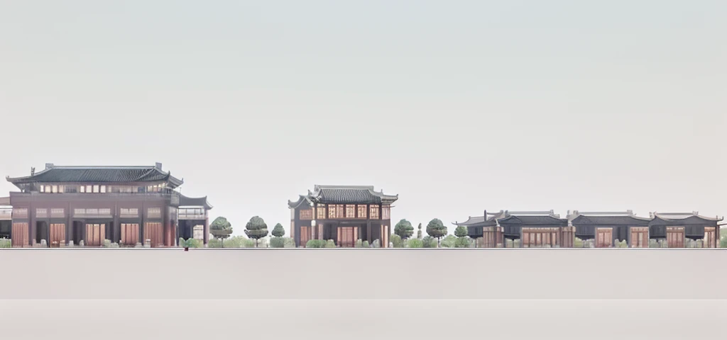Highest quality，Chinese Ink Painting，antiquity,Urban antiquity architecture，Rectangular architecture，People view，Glass facades，Clean sky，Clean glass，Trees，Soft sunlight，Decorative Arts，Sloped roof，Best quality,Architectural Photography,Photorealism,Hyperrealism,Ultra Detailed，V-ray，（architectural design）