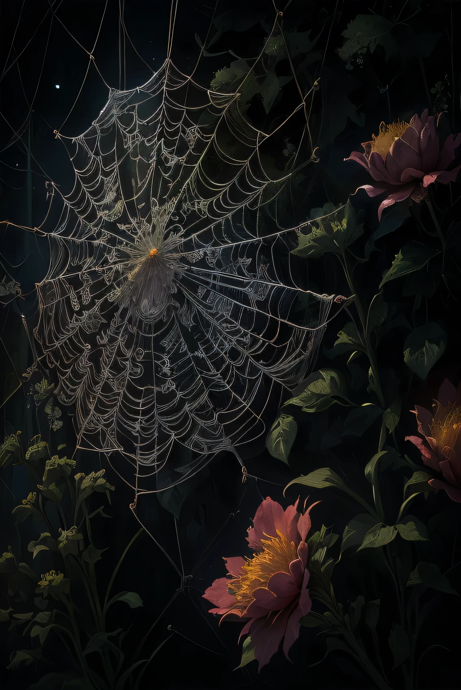 spider web with water drops surrounded by flowers, spider web, lace web, spider web, spider web, intricate painting detail, tendril web, spider web landscape, spider web, covered with spider web and dust, spider web, spider web and dust, web of life, spider web, spider bush