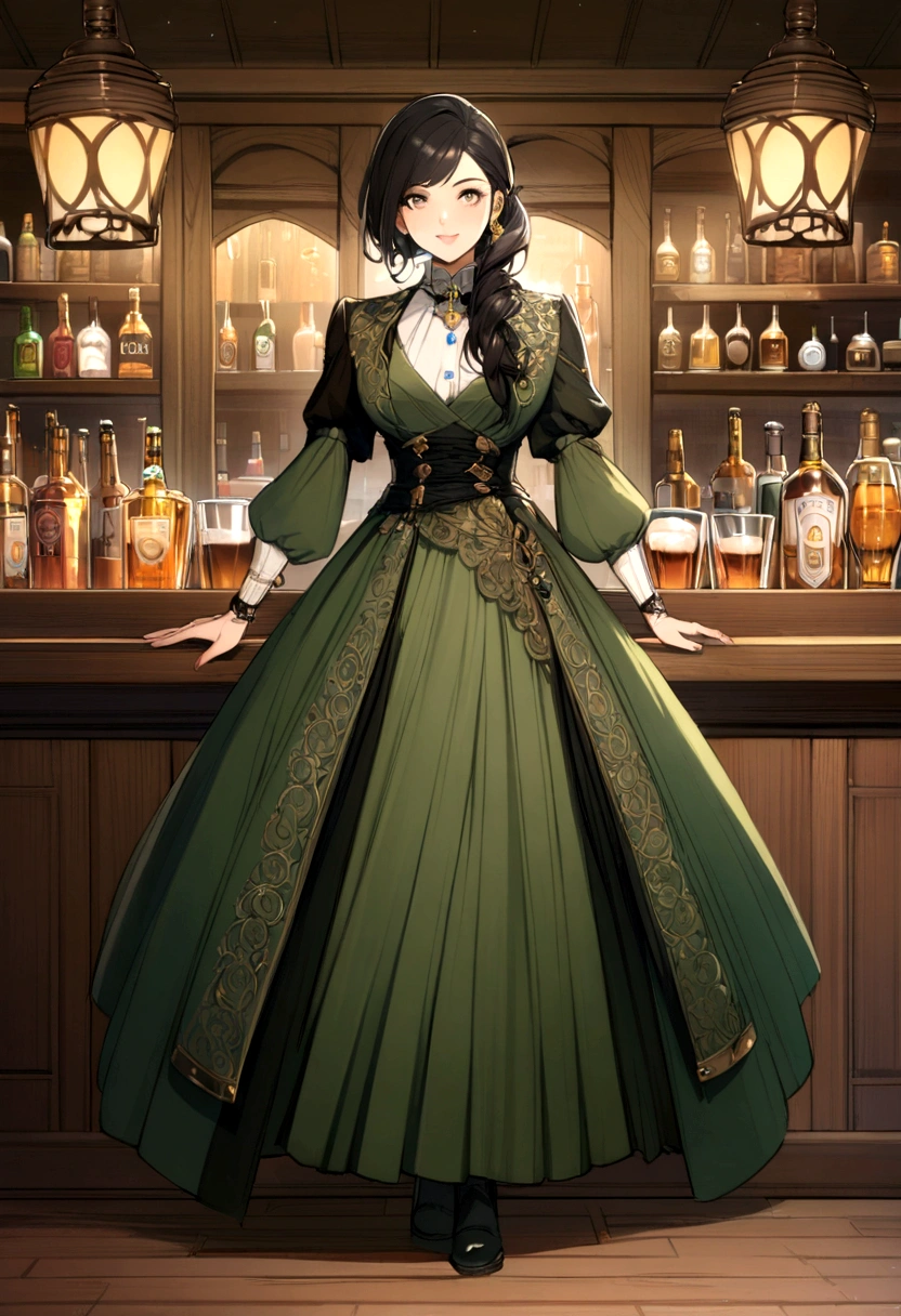 a girl, blackhair, pub, Character portrait, Fashionable clothes, Fantasy,whole body,