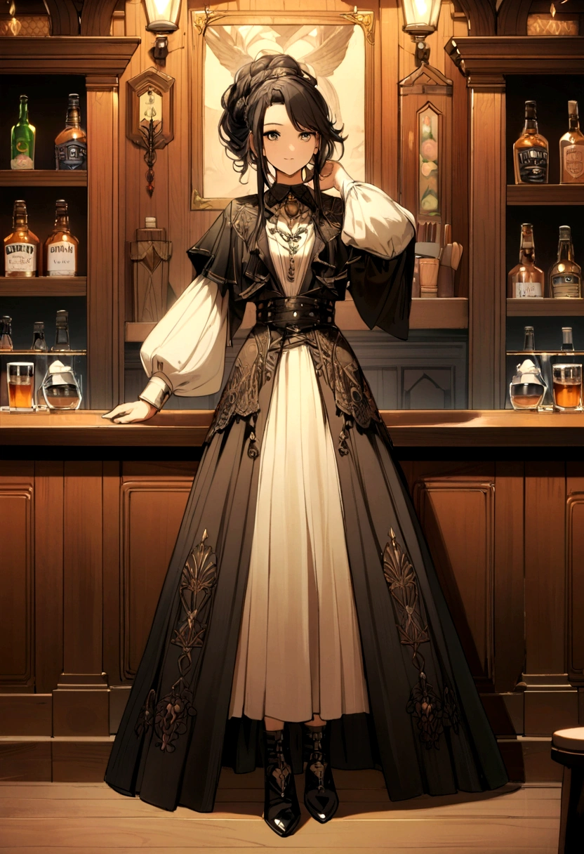 a girl, blackhair, pub, Character portrait, Fashionable clothes, Fantasy,whole body, 