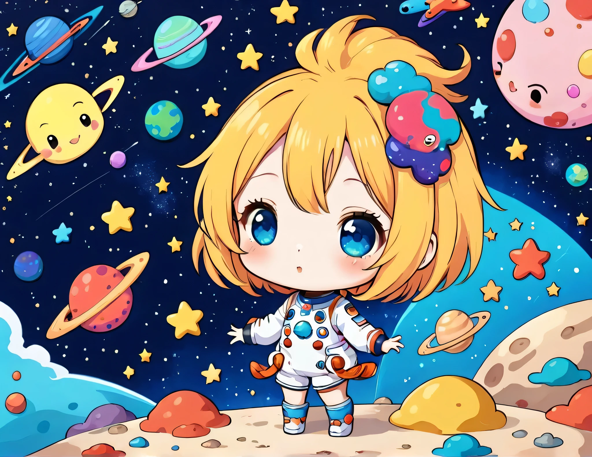 Mika Pikazo style、Kawaii Design, The most beautiful girl of all time、chibi, (((Cute and colorful amoeba))), (((Space Exploration)))