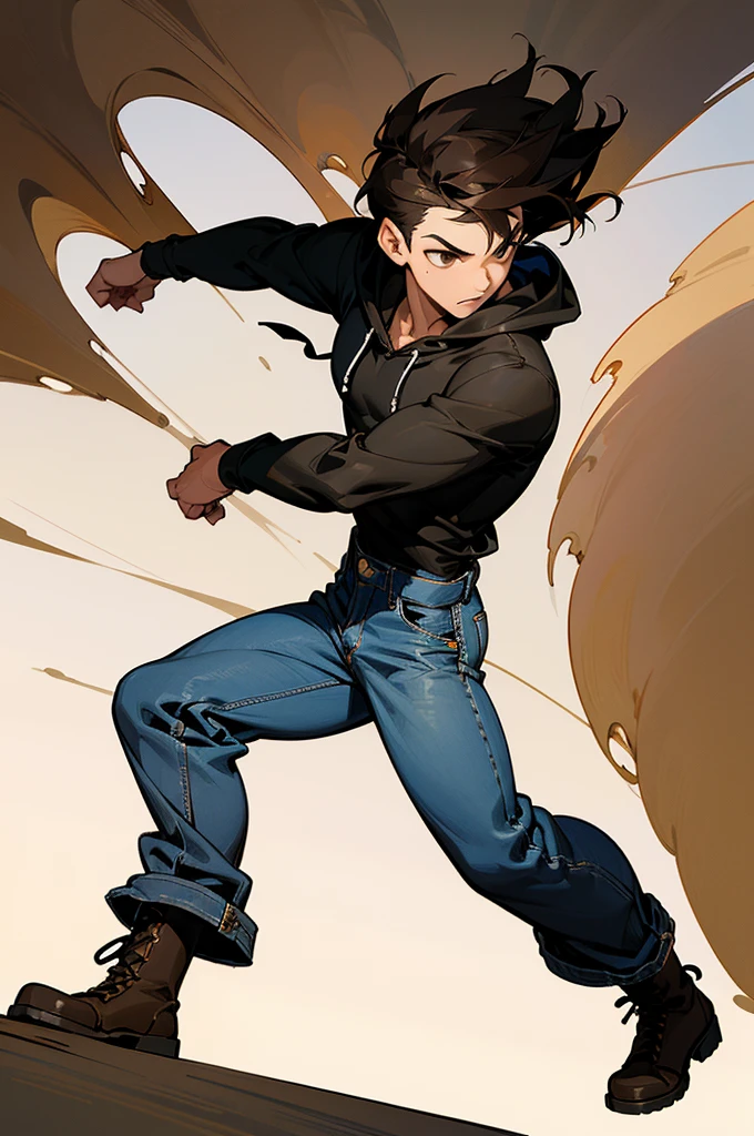 ((illustration)), (best quality)), ((masterpiece)), (detailed), ((front view)) comic, age, boy, dark hair, brown eyes, muscular, black shirt, hoodie, jeans, combat boots.