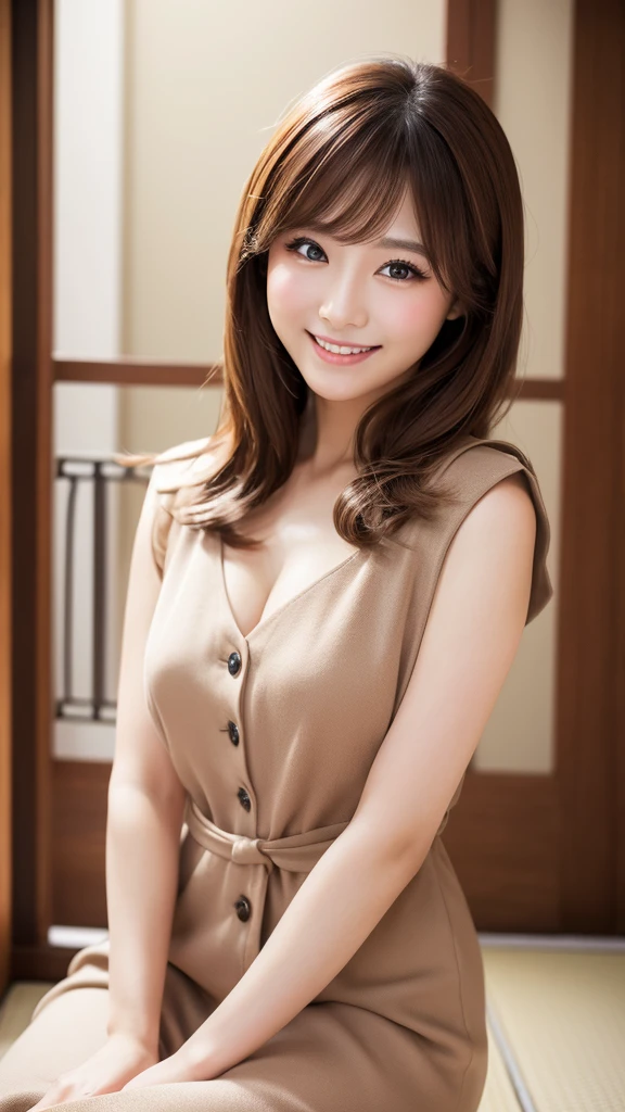 Beautiful Japanese Women、eye make up、Brown color hair、Button-front dress、High heels、White skin、A kind smile、Realistic Photography、high resolution