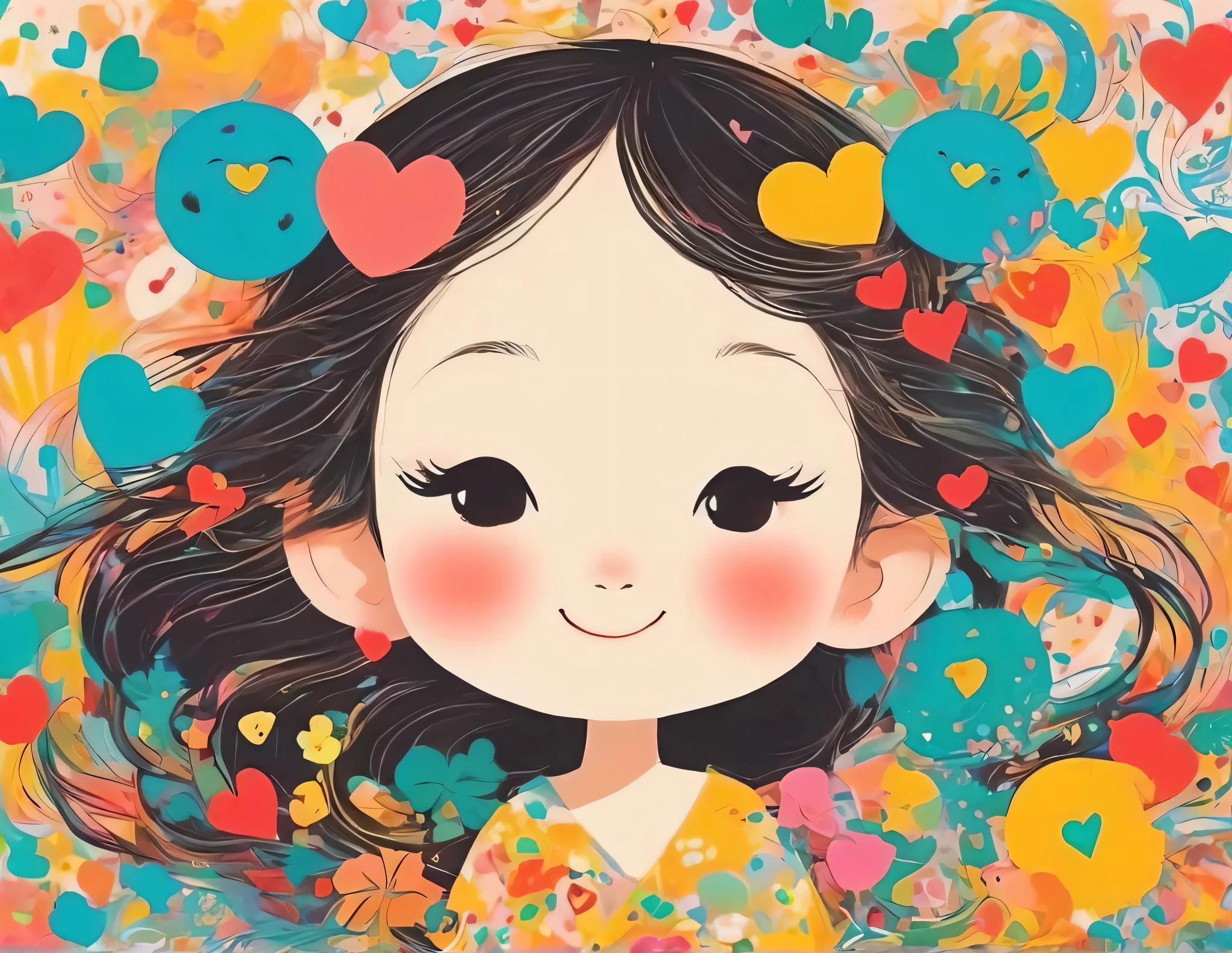 Mai Yoneyama style, Simple Line Initialism，Abstract art, colorful hearts ,(((The most beautiful girl of all time))), (((chibi))), (((Cute amoeba))), nap、best smile