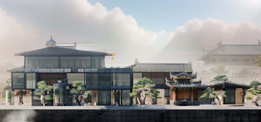 Highest quality，Chinese Ink Painting，antiquity,Urban antiquity architecture，Rectangular architecture，People view，Glass facades，Clean sky，Clean glass，Trees，Soft sunlight，Decorative Arts，Sloped roof，Best quality,Architectural Photography,Photorealism,Hyperrealism,Ultra Detailed，V-ray，（architectural design）