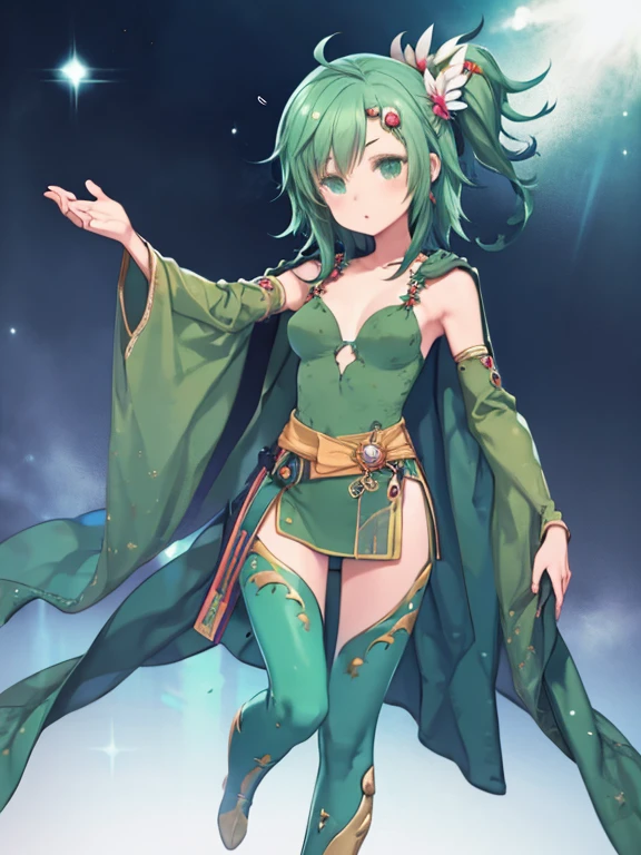 One Girl、rydia、green cape, hair ornament, green leotard, belt, detached sleeves, thigh boots