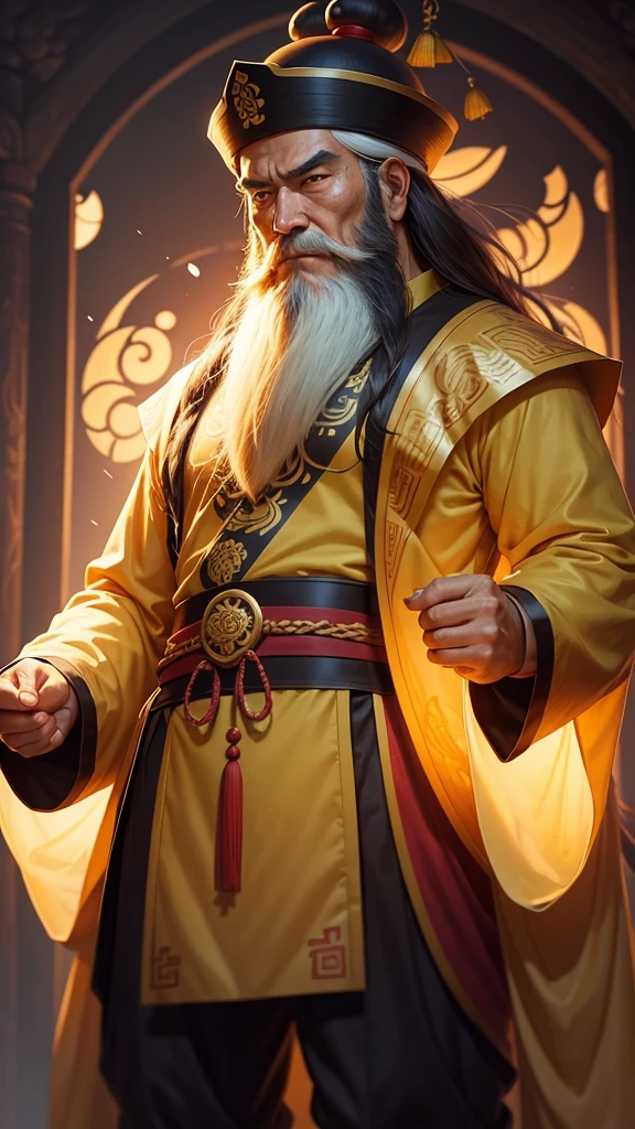 Ancient Chinese thinker, noble long beard, long sleeves, yellow costume, stern expression, Ghibli anime style