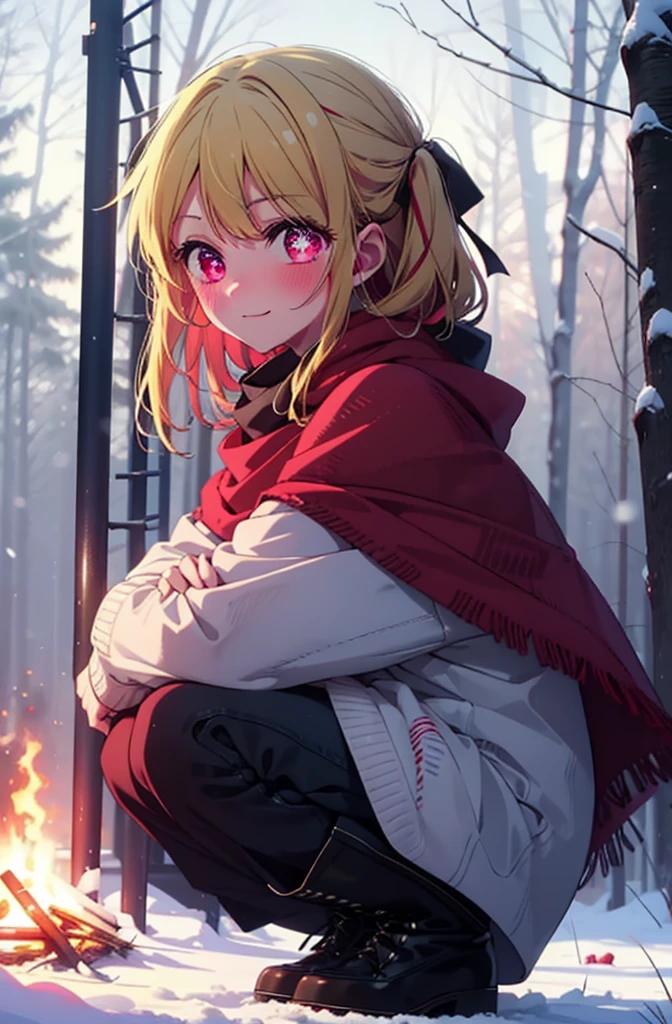 rubyhoshino, Hoshino Ruby, Long Hair, bangs, Blonde, (Pink Eyes:1.3), Side Lock, (Symbol-shaped pupil:1.5), Multicolored Hair, Two-tone hair, smile,,smile,blush,White Breath,
Open your mouth,snow,Ground bonfire, Outdoor, boots, snowing, From the side, wood, suitcase, Cape, Blurred, , forest, White handbag, nature, Squat, Mouth closed, Cape, winter, Written boundary depth, Black shoes, red Cape break looking at viewer, Upper Body, whole body, break Outdoor, forest, nature, break (masterpiece:1.2), Highest quality, High resolution, unity 8k wallpaper, (shape:0.8), (Beautiful and beautiful eyes:1.6), Highly detailed face, Perfect lighting, Highly detailed CG, (Perfect hands, Perfect Anatomy),