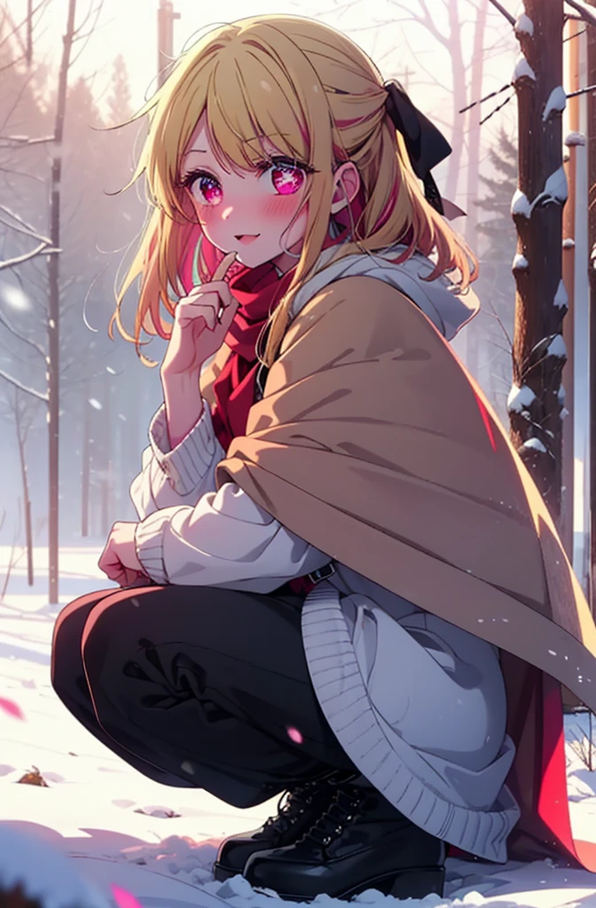 rubyhoshino, Hoshino Ruby, Long Hair, bangs, Blonde, (Pink Eyes:1.3), Side Lock, (Symbol-shaped pupil:1.5), Multicolored Hair, Two-tone hair, smile,,smile,blush,White Breath,
Open your mouth,snow,Ground bonfire, Outdoor, boots, snowing, From the side, wood, suitcase, Cape, Blurred, , forest, White handbag, nature, Squat, Mouth closed, Cape, winter, Written boundary depth, Black shoes, red Cape break looking at viewer, Upper Body, whole body, break Outdoor, forest, nature, break (masterpiece:1.2), Highest quality, High resolution, unity 8k wallpaper, (shape:0.8), (Beautiful and beautiful eyes:1.6), Highly detailed face, Perfect lighting, Highly detailed CG, (Perfect hands, Perfect Anatomy),