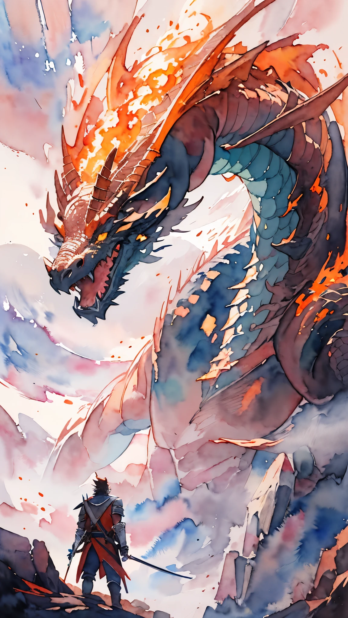 (masterpiece:1.2),(Highest quality),(Very detailedな),(Ultra-high resolution),8K,Vast landscape photography,(((watercolor))),(From below,A legendary knight looking up at a giant dragon in front of him,A dragon glaring at a legendary knight),(The knight is wearing legendary armor.),(One person: 1.5),((Burning mountain)),(Moving configuration: 1.4),Very detailed,colorful,Very detailed drawing,((透明watercolor))