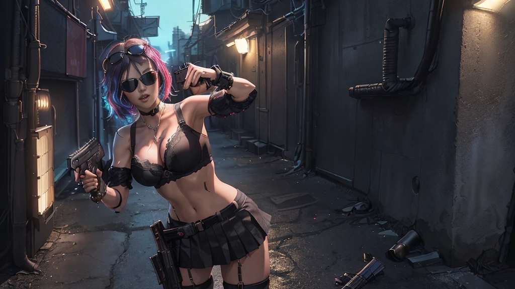 (Realistic:1.4) cyberpunk girl images, (highest quality, 8k, 32k, masterpiece) , (Dynamic pose), ((Front camera)), Cowboy Shot, Shapeless hair, Multicolored Hair, Colorful cyberpunk combat armor, Depth of written interface f/1.8, high angle view of Cyberpunk city (((((at night))))) as background. (((1girl, solo))), photo realistic, (medium-breast slim body, cleavage), (((full bra top, extreamly short pleated (((miniskirt))) exposing panty))), (((((matrix style black sunglasses))))), (((((((aiming at viewer with a (pistol), (looking at camera)))))))), (((((half-body (thigh level) medium shot))))), (cinematic lighting).