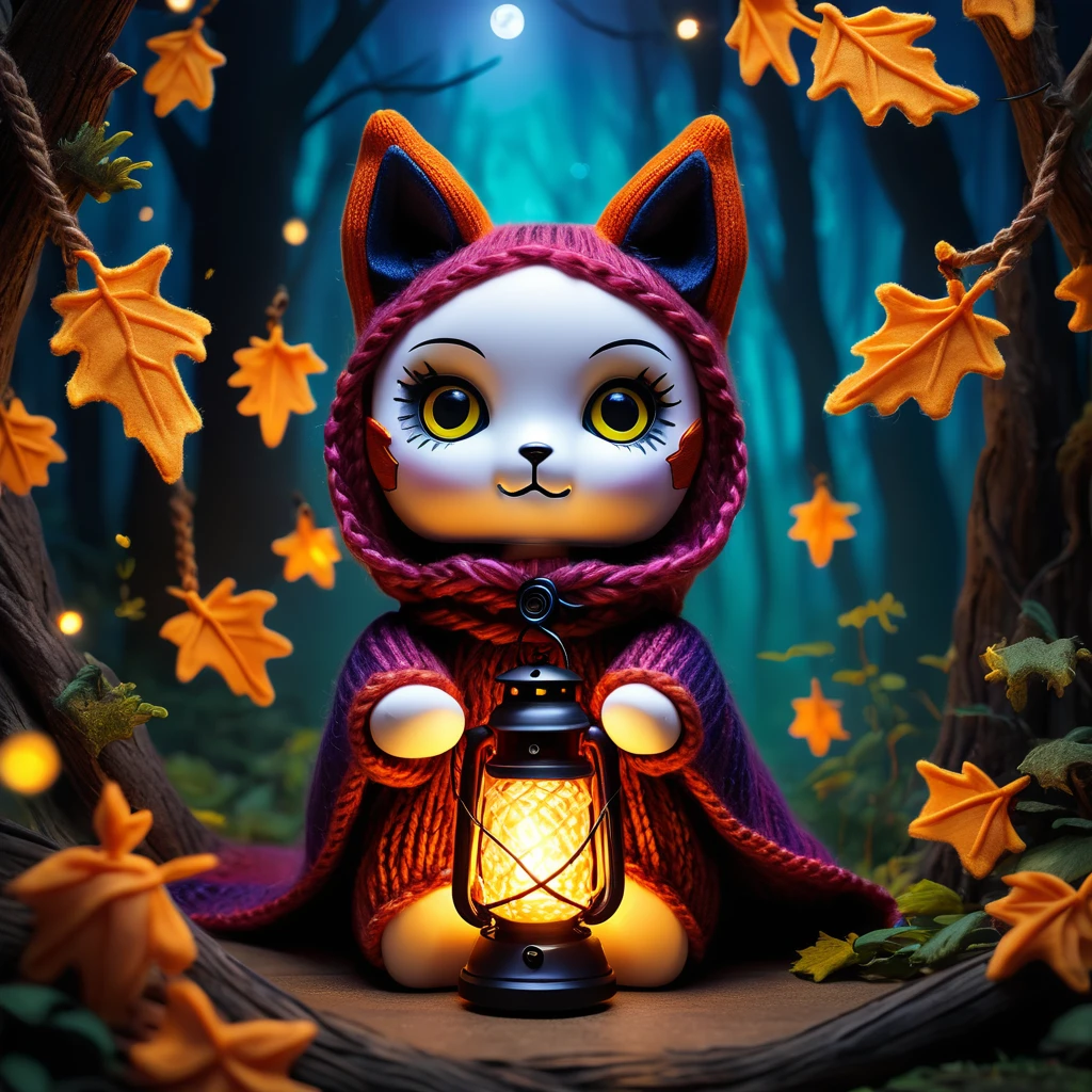 (Voodoo doll toy knitted:1.9), (Voodoo fox:1.3), (On a night hunt:1.3), (Clothing: Stealthy cloak with glowing star patterns:1.0), (Accessories: Enchanted lantern emitting sparks of stealth magic, hovering ghostly fireflies:1.1), (Background: Dark forest with hovering leaves, glowing moonlight and ghostly prey:1.2), best quality, masterpiece, detailed soft oil painting, detailed background, dramatic cinematic lighting, soft edge lighting, professional, dramatic lighting, hard edge lighting, ultra quality, 4k,masterpiece, best quality, 8k, ultra highres, highres, extremely detailed