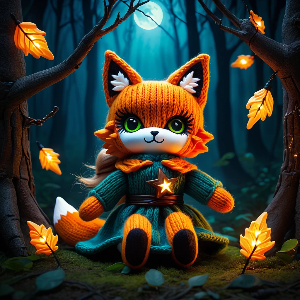 (Voodoo doll toy knitted:1.9), (Voodoo fox:1.3), (On a night hunt:1.3), (Clothing: Stealthy cloak with glowing star patterns:1.0), (Accessories: Enchanted lantern emitting sparks of stealth magic, hovering ghostly fireflies:1.1), (Background: Dark forest with hovering leaves, glowing moonlight and ghostly prey:1.2), best quality, masterpiece, detailed soft oil painting, detailed background, dramatic cinematic lighting, soft edge lighting, professional, dramatic lighting, hard edge lighting, ultra quality, 4k,masterpiece, best quality, 8k, ultra highres, highres, extremely detailed