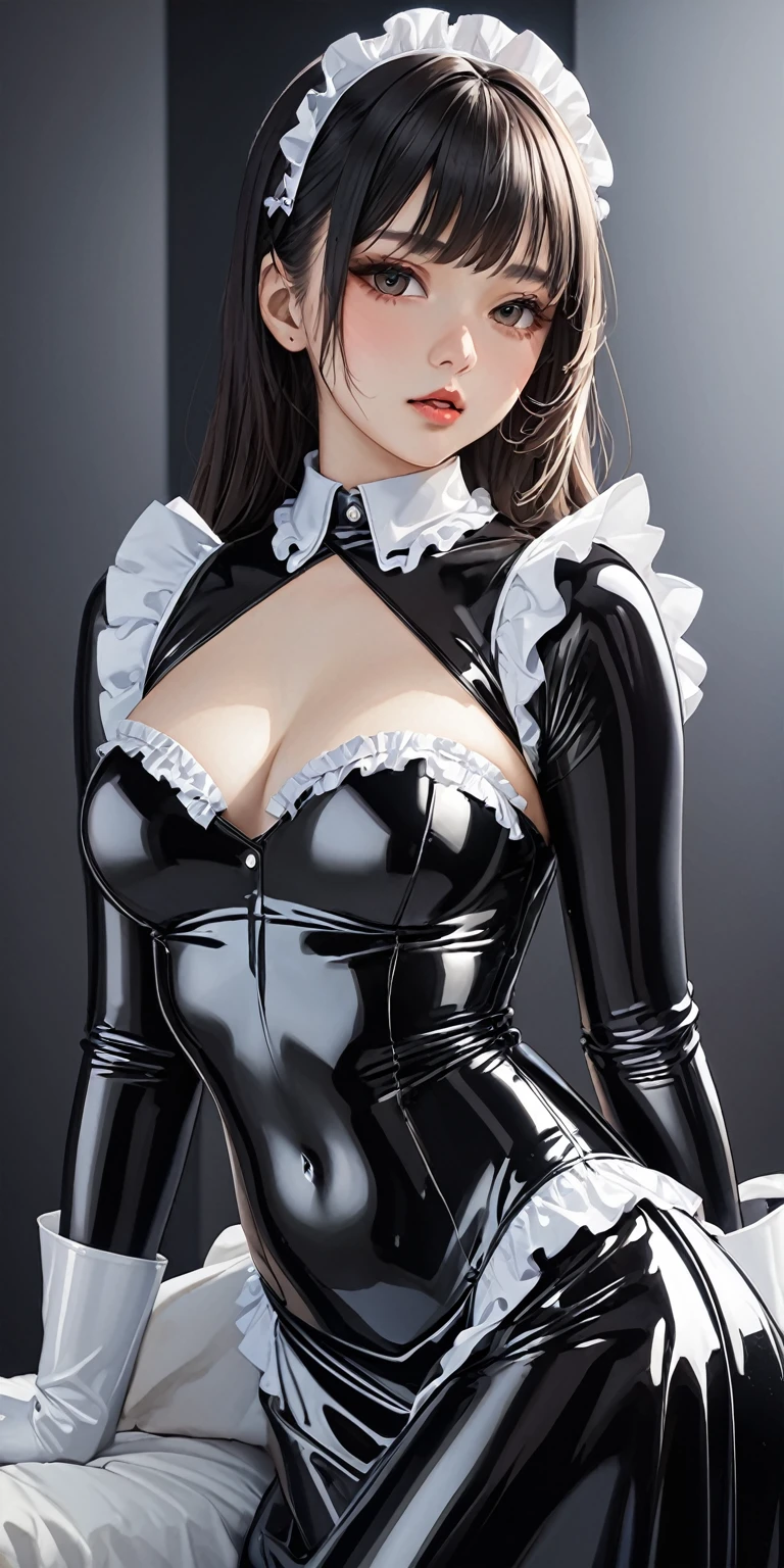 Portraiture、(masterpiece,Highest quality,Ultra-high resolution),Japanese women, (((Very beautiful 25 year old girl))),(Latex Maid Clothing)、(Latex Long Skirt)、(A long-sleeved latex shirt that covers the upper body)、Latex Long Gloves、Latex socks、Latex bodysuit、White frills、The clothes fit snugly to the body、Latex is very shiny、Dark Room、