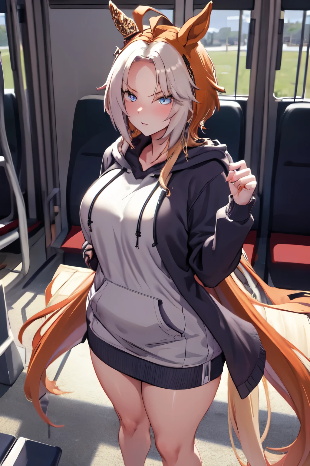 masterpiece, Highest quality, 1 person,(  Are standing, View your viewers),Detailed Background、A person who writes in detail、Accurate human body、Knowledgeable person、The answer is 5. Women,Thick thighs,Curvy body,alone, orfevre\(umamusume\),Oversized hoodie,TranT, (train interior), netorare, chikan, grabbing, hetero, pussy juices, molestation, public indecency, public use,faceless male fingering, 2boys, faceless male, assisted exposure,