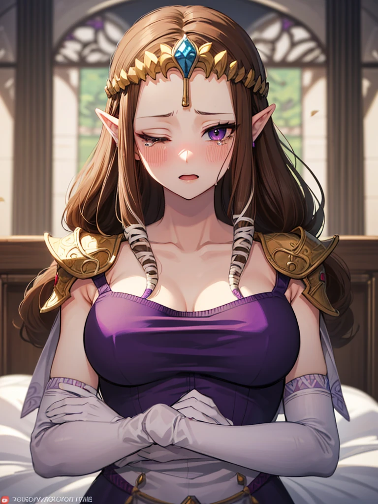 ((Very detailed and beautiful face)),((Show me your armpits)),(()),((((Exposed breasts)))),()),((Exposed shoulders)),((((Upper Body)))),((Are crying)),,((alone))Anime art style,masterpiece,(Highest quality), (Very detailedな),(とても繊細でbeautiful),(alone),(Detailed face ),(((Close one eye))),(((((Mature Woman,Queen))))),((とてもbeautiful肖像画)),((crinoline)),,((Straight long hair),((Close one eye)),((Open your mouth)),(((Purple blouse))),((Embarrassed expression)),((Dark brown hair)),Blushing,Princess Zelda, ((Highest quality)), (Very detailed), ,(((constrained))),beauty,beautiful,Princess Zelda, Ticker,)),
((At the bed))Nintendo, The Legend of Zelda