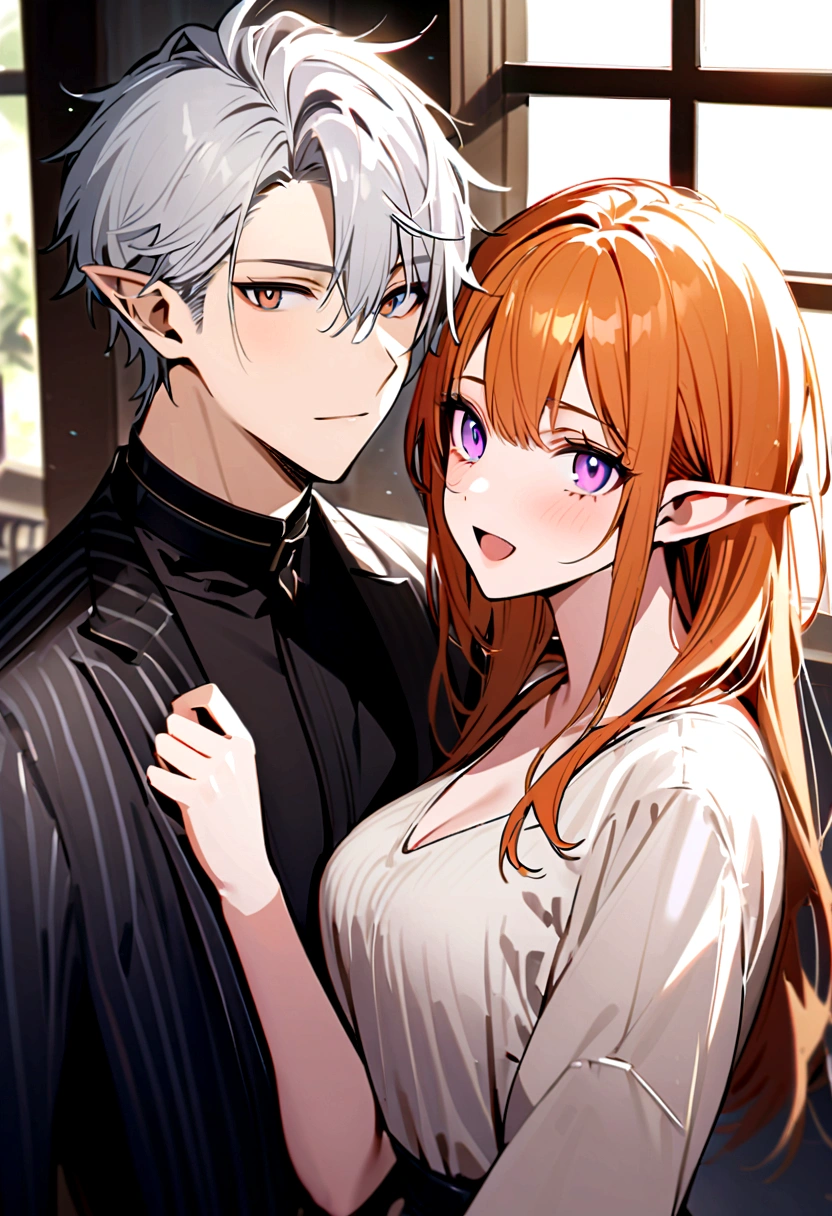A beautiful girl and a handsome boy(their a couple),the girl has: short white hair,pointy elf ears,and violet eyes,the boy has messy Orange hair,and ash brown eyes, they're both wearing stylish modern clothes.